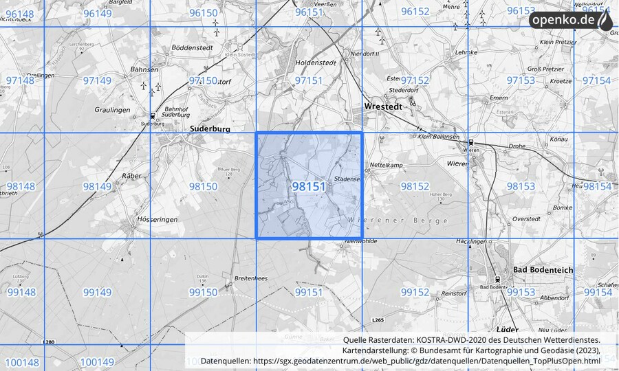 Übersichtskarte des KOSTRA-DWD-2020-Rasterfeldes Nr. 98151