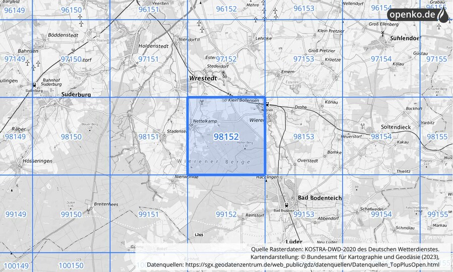 Übersichtskarte des KOSTRA-DWD-2020-Rasterfeldes Nr. 98152