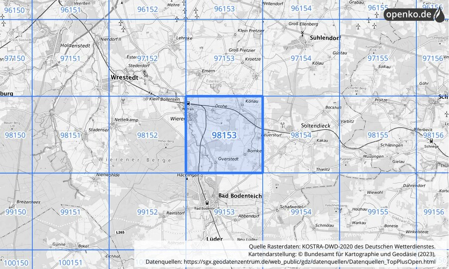 Übersichtskarte des KOSTRA-DWD-2020-Rasterfeldes Nr. 98153