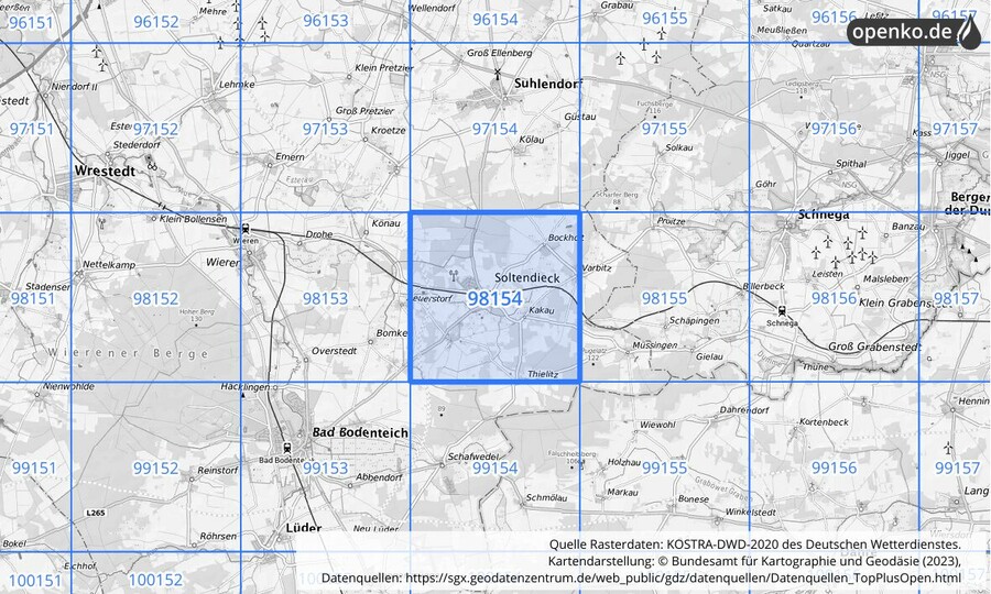 Übersichtskarte des KOSTRA-DWD-2020-Rasterfeldes Nr. 98154