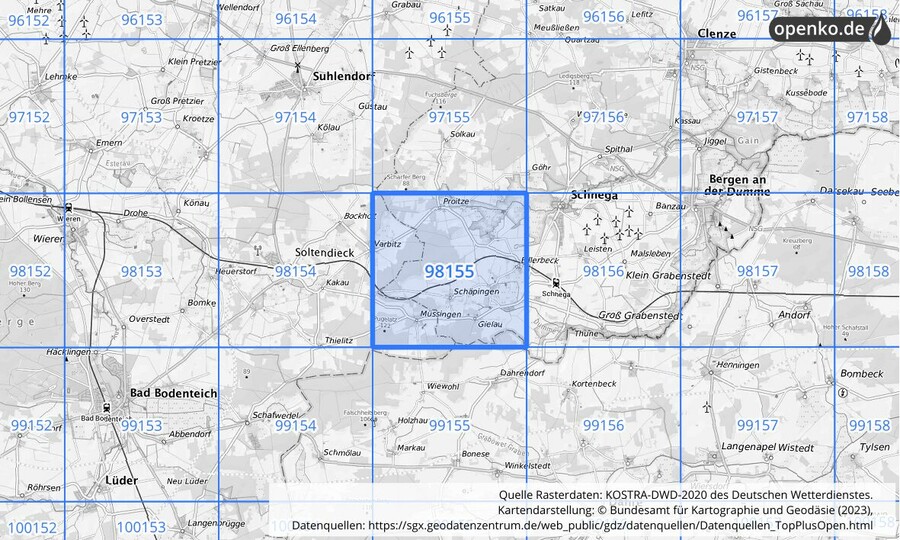 Übersichtskarte des KOSTRA-DWD-2020-Rasterfeldes Nr. 98155