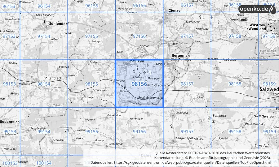 Übersichtskarte des KOSTRA-DWD-2020-Rasterfeldes Nr. 98156