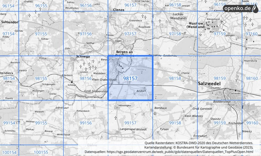 Übersichtskarte des KOSTRA-DWD-2020-Rasterfeldes Nr. 98157