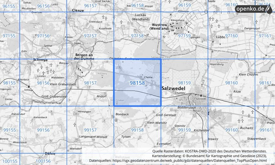 Übersichtskarte des KOSTRA-DWD-2020-Rasterfeldes Nr. 98158