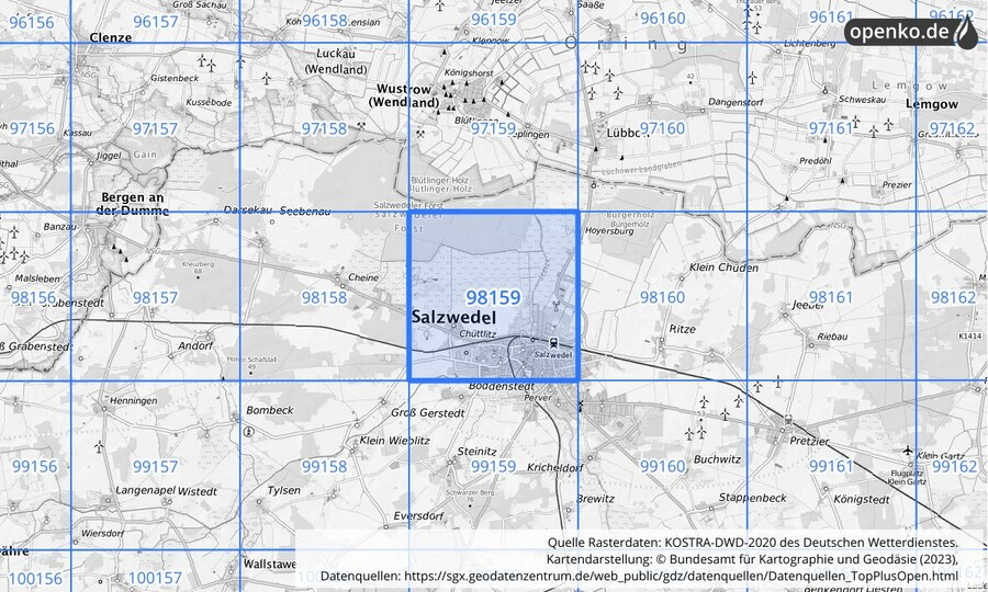 Übersichtskarte des KOSTRA-DWD-2020-Rasterfeldes Nr. 98159