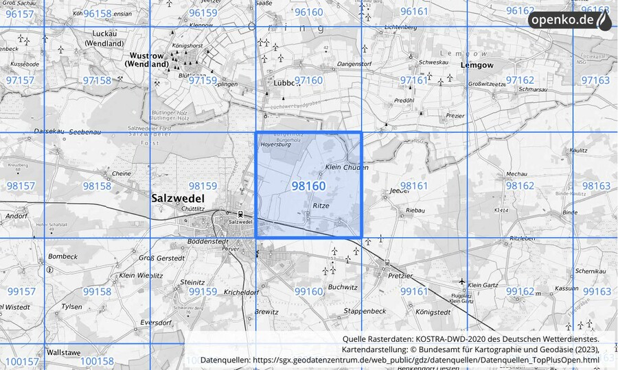 Übersichtskarte des KOSTRA-DWD-2020-Rasterfeldes Nr. 98160