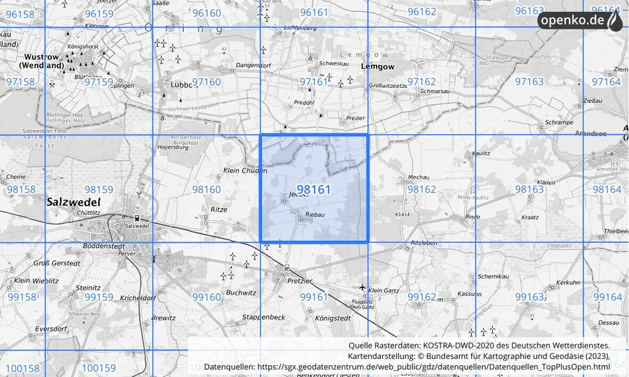 Übersichtskarte des KOSTRA-DWD-2020-Rasterfeldes Nr. 98161