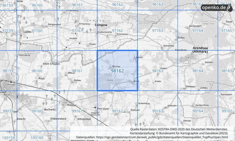 Übersichtskarte des KOSTRA-DWD-2020-Rasterfeldes Nr. 98162