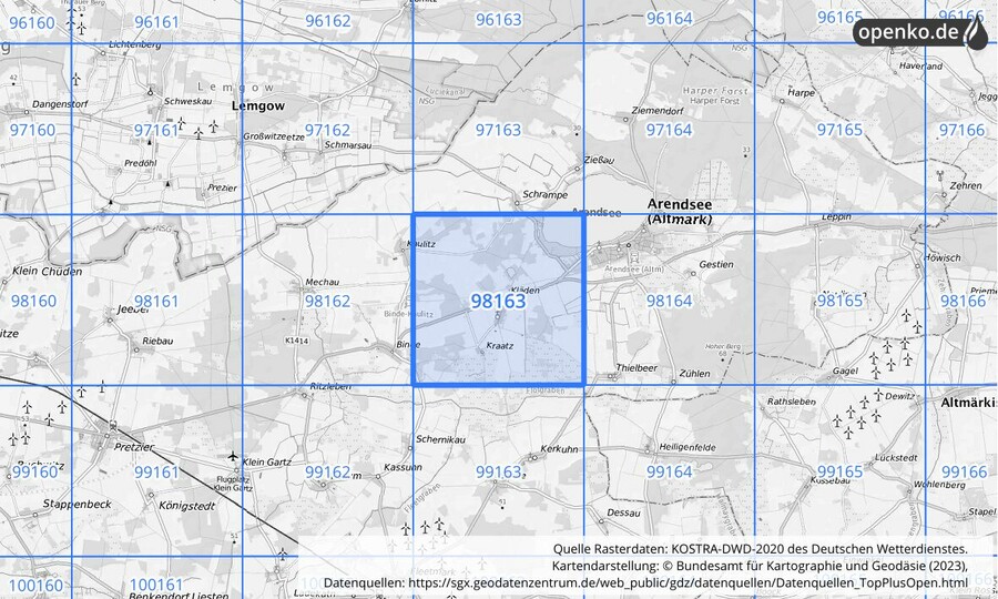 Übersichtskarte des KOSTRA-DWD-2020-Rasterfeldes Nr. 98163