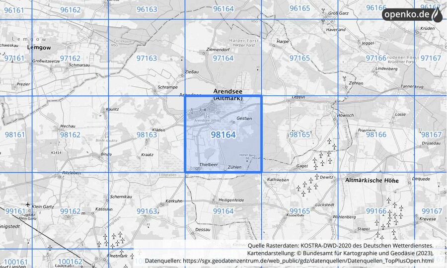 Übersichtskarte des KOSTRA-DWD-2020-Rasterfeldes Nr. 98164