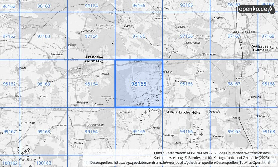 Übersichtskarte des KOSTRA-DWD-2020-Rasterfeldes Nr. 98165