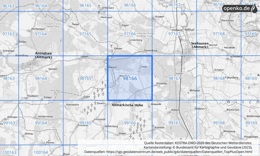 Übersichtskarte des KOSTRA-DWD-2020-Rasterfeldes Nr. 98166