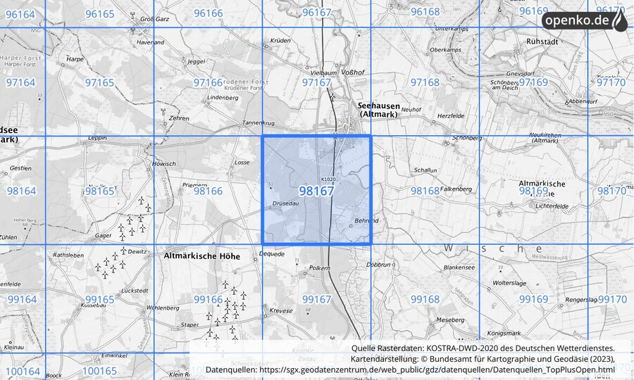 Übersichtskarte des KOSTRA-DWD-2020-Rasterfeldes Nr. 98167