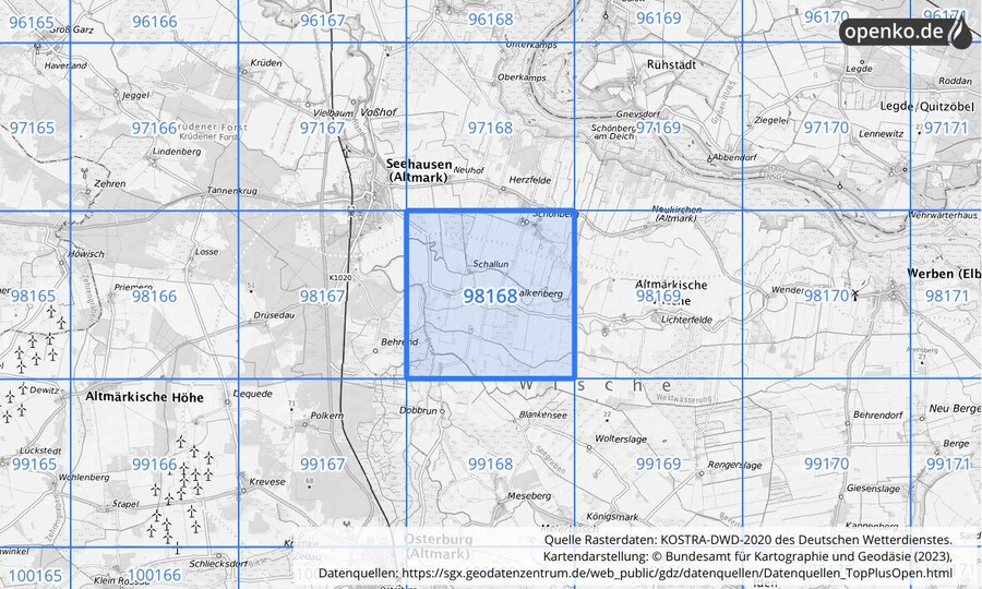 Übersichtskarte des KOSTRA-DWD-2020-Rasterfeldes Nr. 98168