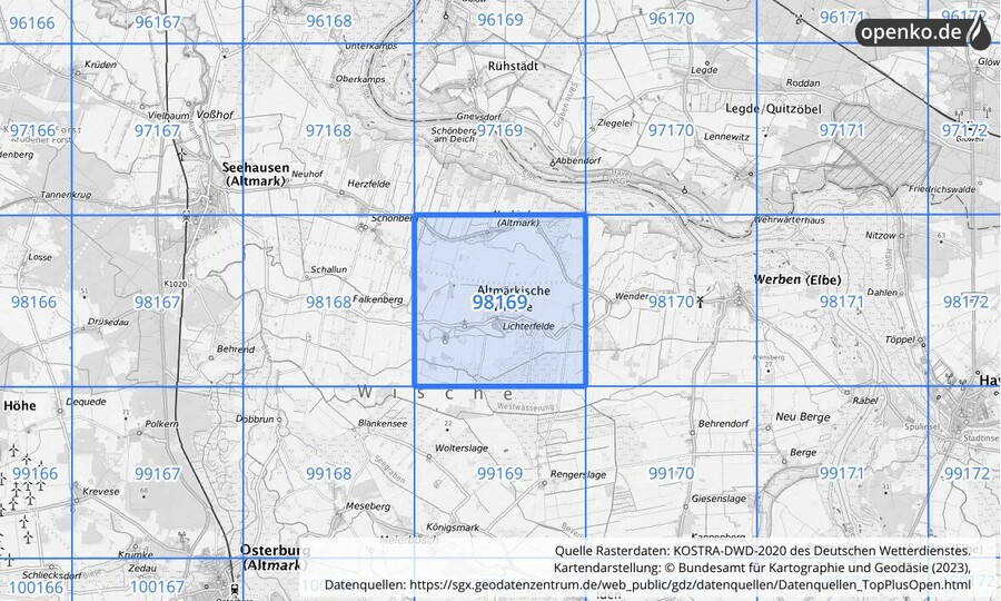 Übersichtskarte des KOSTRA-DWD-2020-Rasterfeldes Nr. 98169