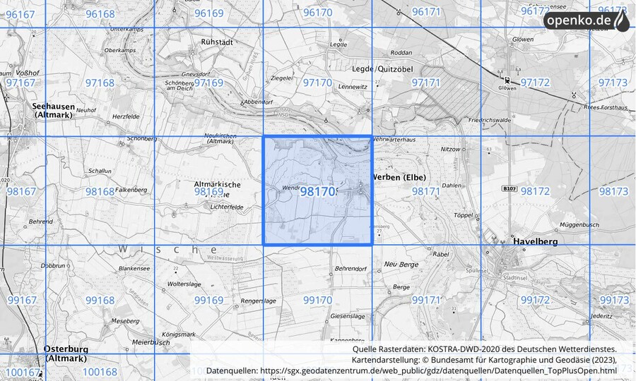 Übersichtskarte des KOSTRA-DWD-2020-Rasterfeldes Nr. 98170