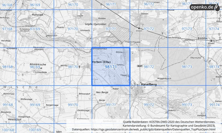 Übersichtskarte des KOSTRA-DWD-2020-Rasterfeldes Nr. 98171