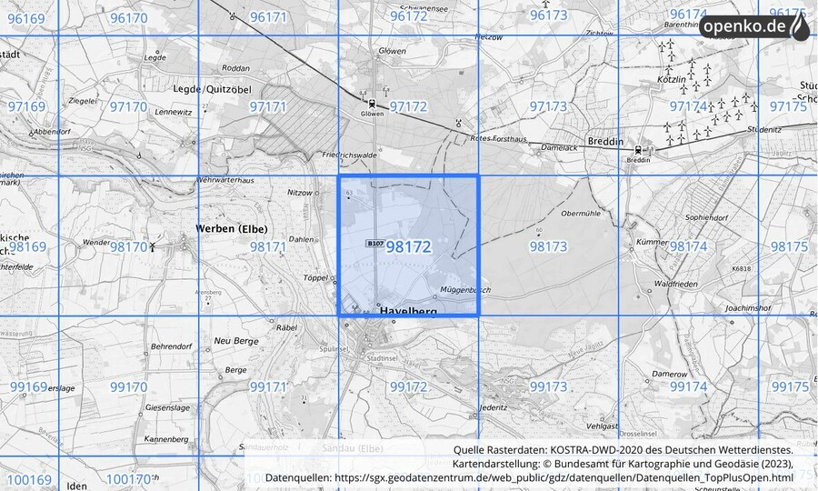 Übersichtskarte des KOSTRA-DWD-2020-Rasterfeldes Nr. 98172