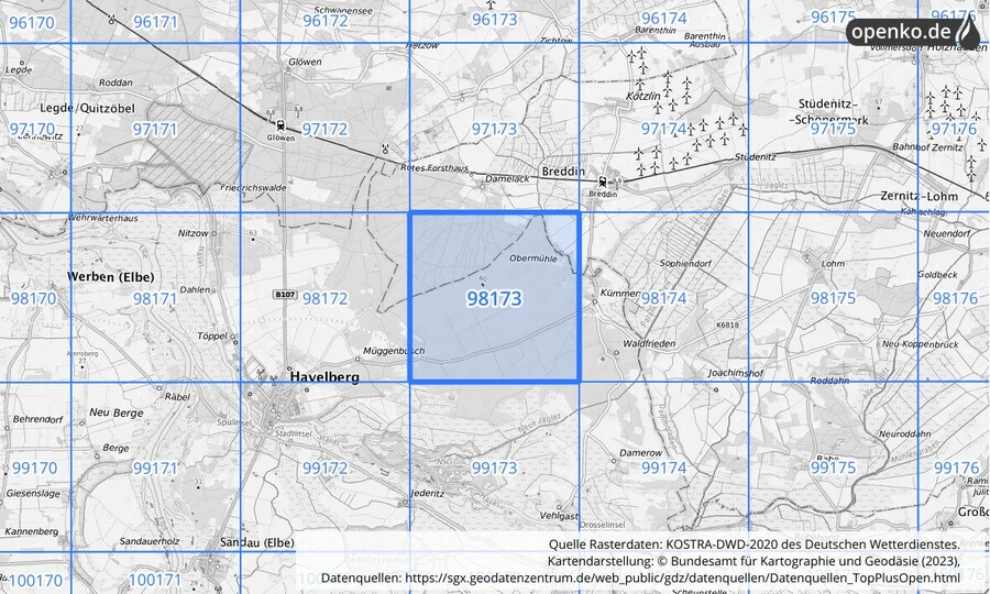 Übersichtskarte des KOSTRA-DWD-2020-Rasterfeldes Nr. 98173