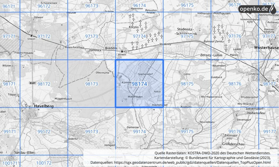 Übersichtskarte des KOSTRA-DWD-2020-Rasterfeldes Nr. 98174