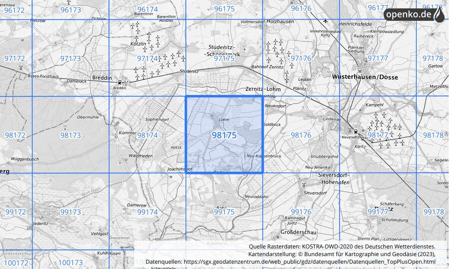 Übersichtskarte des KOSTRA-DWD-2020-Rasterfeldes Nr. 98175