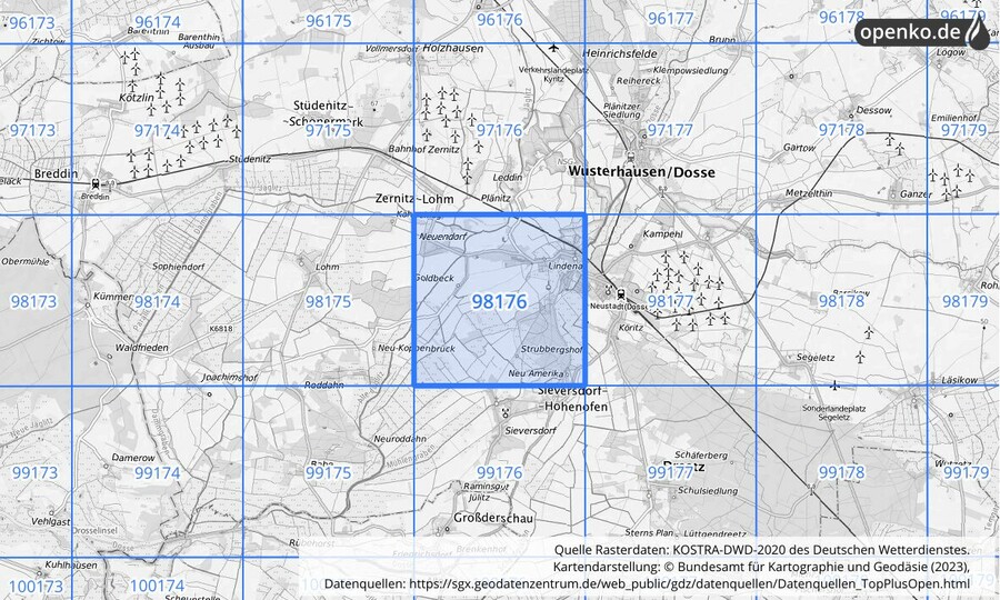 Übersichtskarte des KOSTRA-DWD-2020-Rasterfeldes Nr. 98176