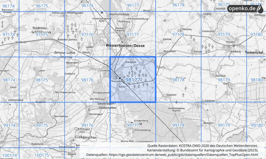 Übersichtskarte des KOSTRA-DWD-2020-Rasterfeldes Nr. 98177