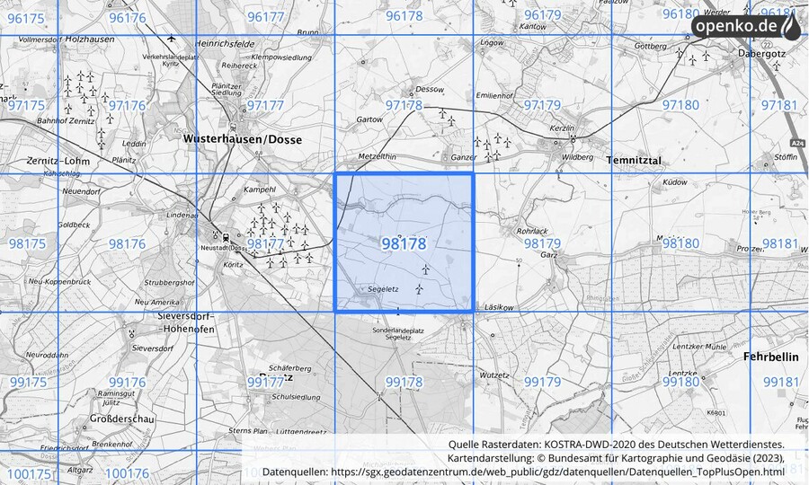 Übersichtskarte des KOSTRA-DWD-2020-Rasterfeldes Nr. 98178