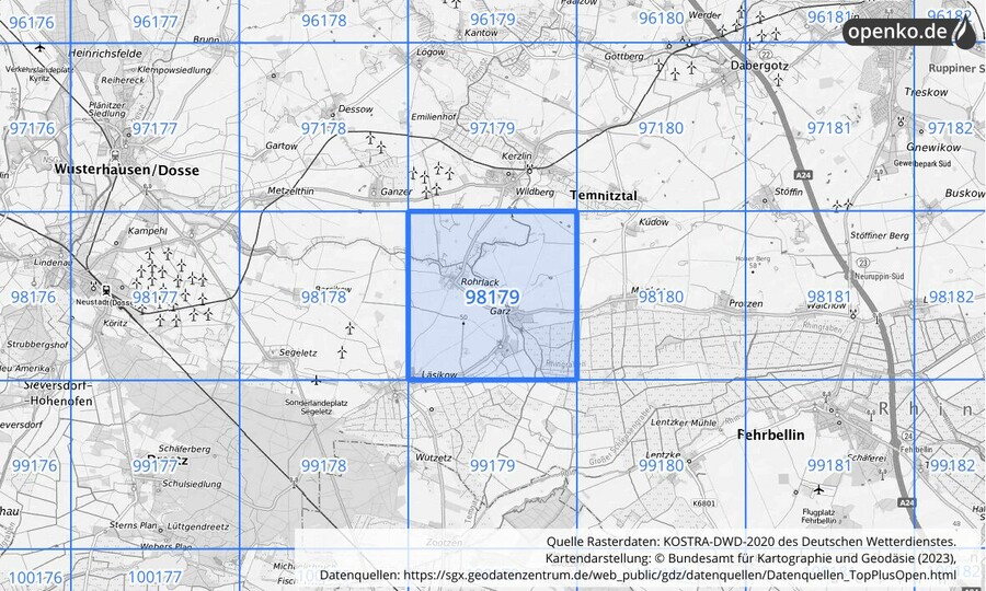 Übersichtskarte des KOSTRA-DWD-2020-Rasterfeldes Nr. 98179