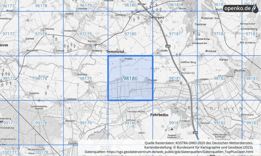 Übersichtskarte des KOSTRA-DWD-2020-Rasterfeldes Nr. 98180