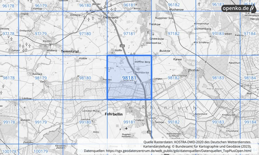 Übersichtskarte des KOSTRA-DWD-2020-Rasterfeldes Nr. 98181