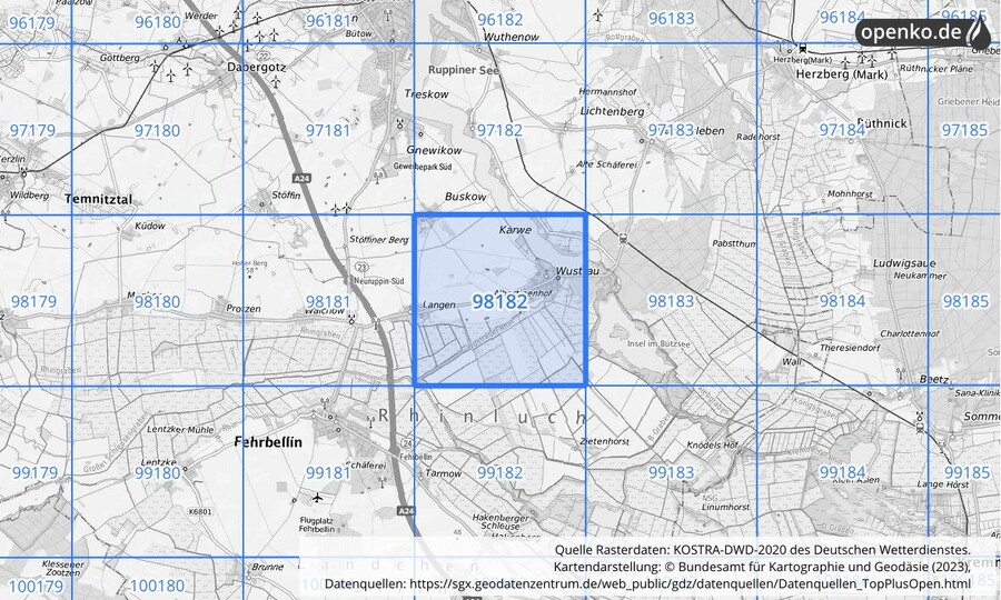 Übersichtskarte des KOSTRA-DWD-2020-Rasterfeldes Nr. 98182