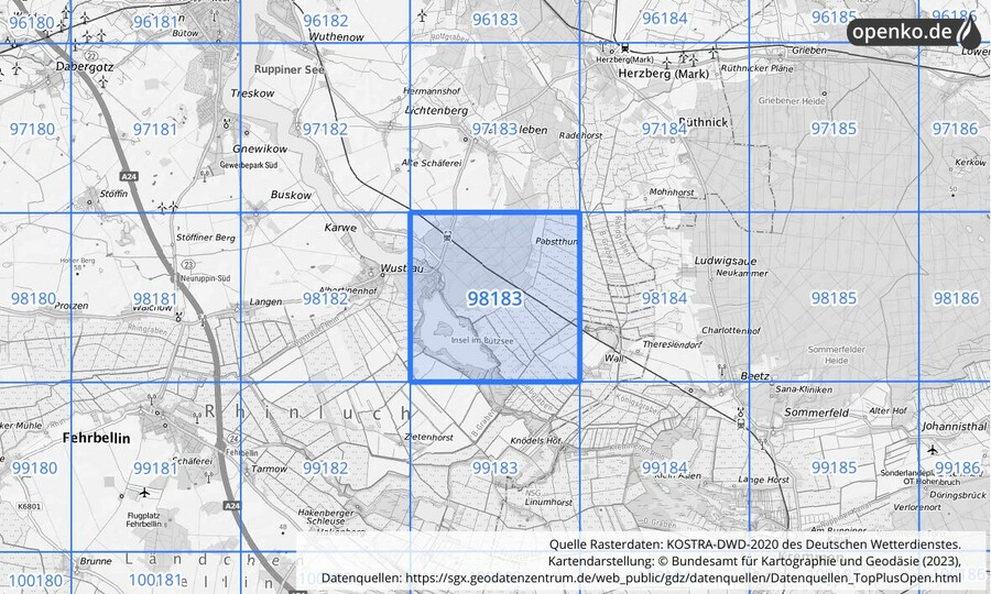 Übersichtskarte des KOSTRA-DWD-2020-Rasterfeldes Nr. 98183