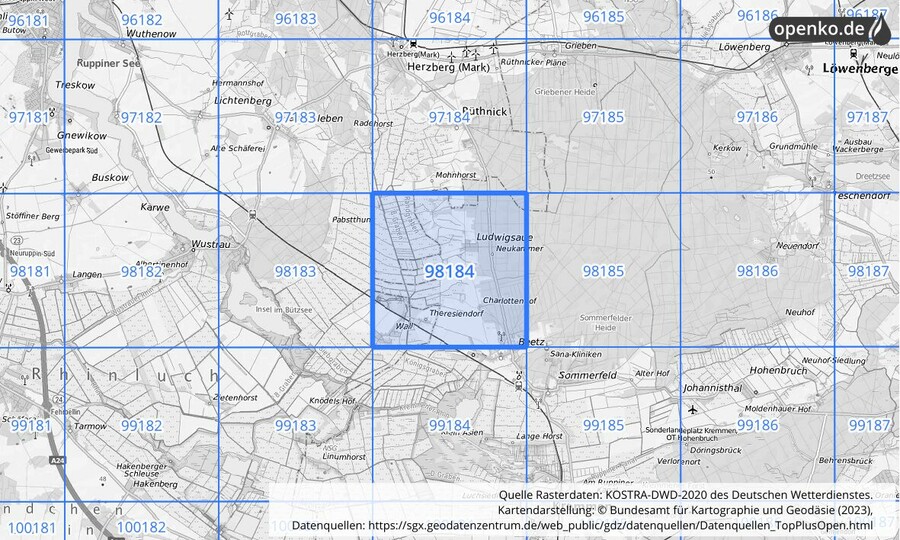 Übersichtskarte des KOSTRA-DWD-2020-Rasterfeldes Nr. 98184