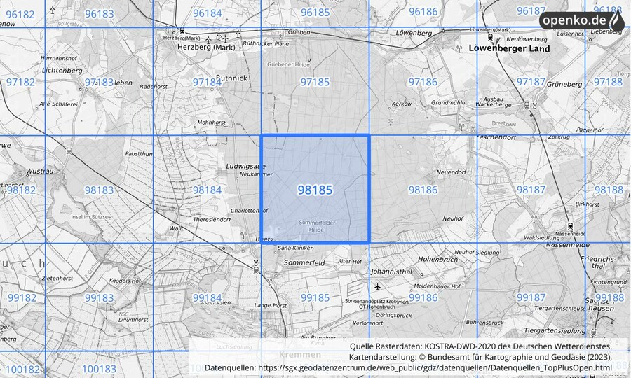 Übersichtskarte des KOSTRA-DWD-2020-Rasterfeldes Nr. 98185