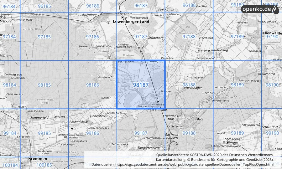 Übersichtskarte des KOSTRA-DWD-2020-Rasterfeldes Nr. 98187