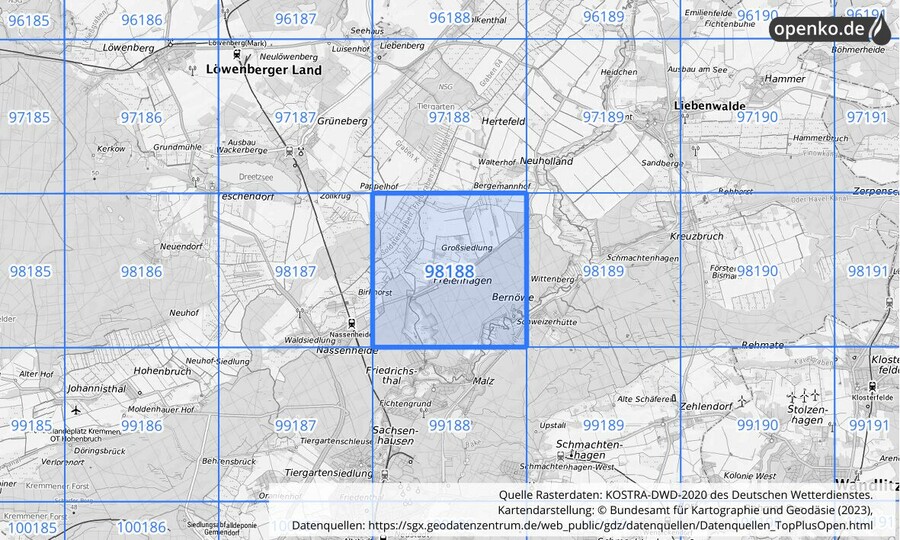 Übersichtskarte des KOSTRA-DWD-2020-Rasterfeldes Nr. 98188