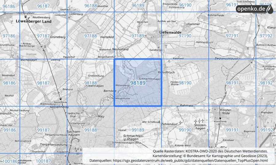 Übersichtskarte des KOSTRA-DWD-2020-Rasterfeldes Nr. 98189