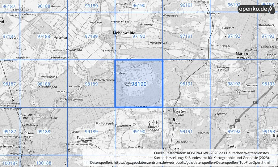 Übersichtskarte des KOSTRA-DWD-2020-Rasterfeldes Nr. 98190