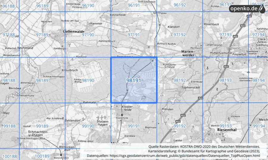 Übersichtskarte des KOSTRA-DWD-2020-Rasterfeldes Nr. 98191