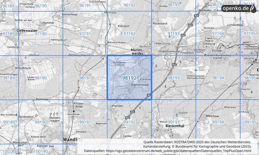 Übersichtskarte des KOSTRA-DWD-2020-Rasterfeldes Nr. 98192