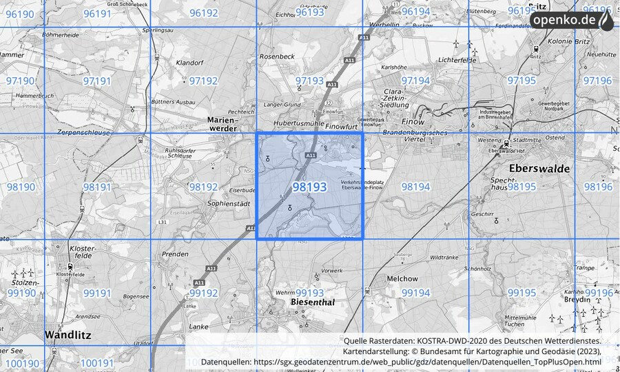 Übersichtskarte des KOSTRA-DWD-2020-Rasterfeldes Nr. 98193