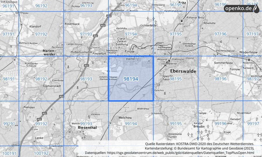 Übersichtskarte des KOSTRA-DWD-2020-Rasterfeldes Nr. 98194