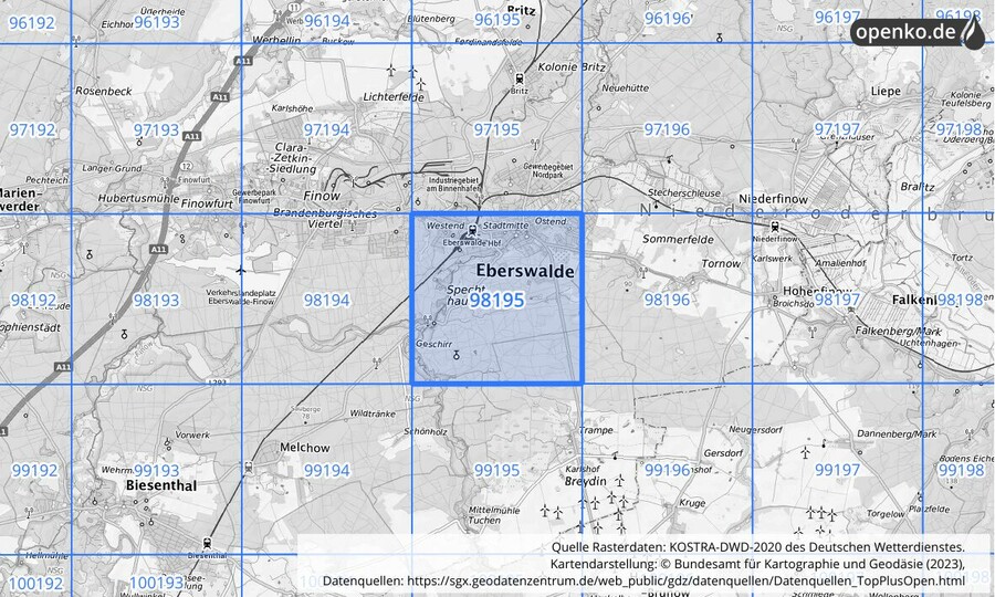 Übersichtskarte des KOSTRA-DWD-2020-Rasterfeldes Nr. 98195