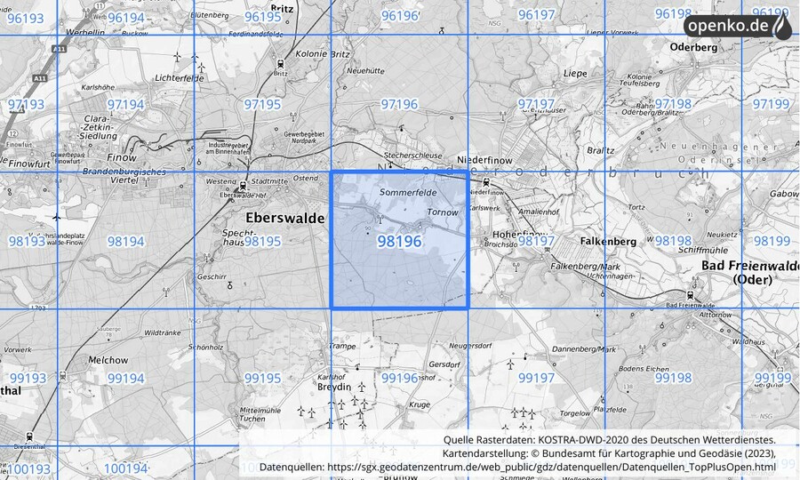 Übersichtskarte des KOSTRA-DWD-2020-Rasterfeldes Nr. 98196