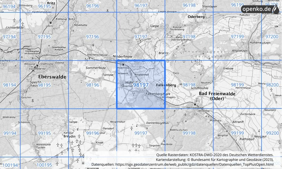 Übersichtskarte des KOSTRA-DWD-2020-Rasterfeldes Nr. 98197