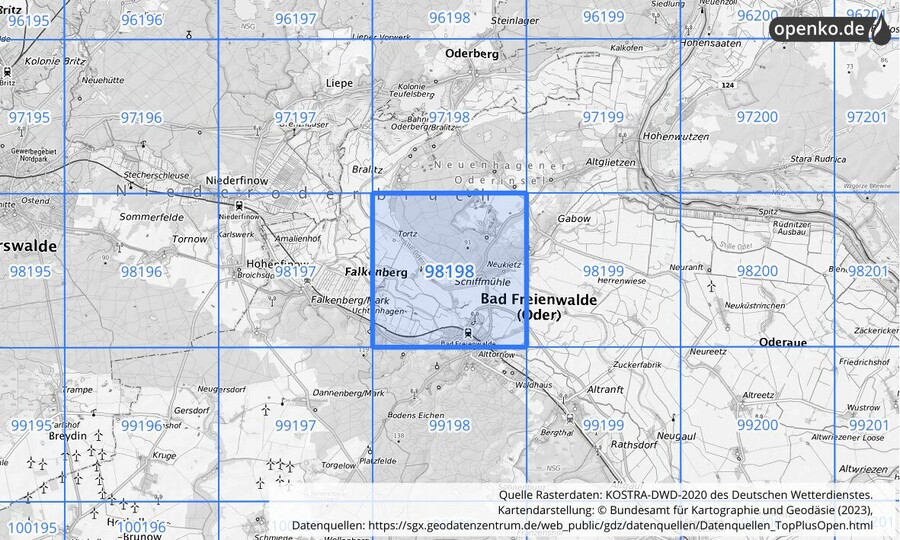 Übersichtskarte des KOSTRA-DWD-2020-Rasterfeldes Nr. 98198