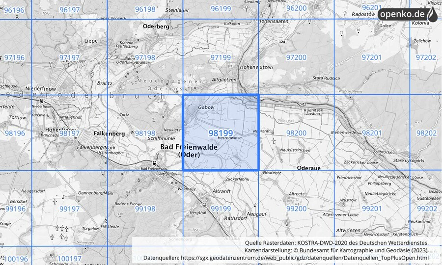 Übersichtskarte des KOSTRA-DWD-2020-Rasterfeldes Nr. 98199