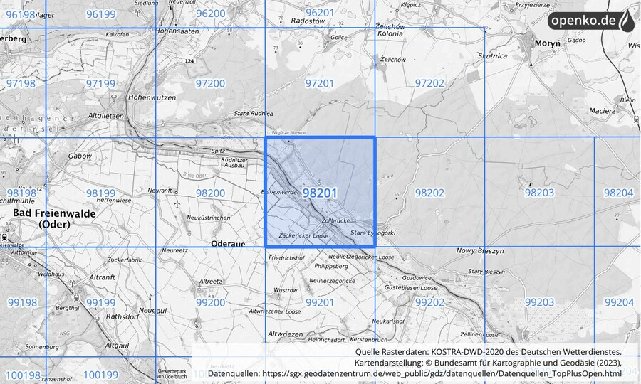 Übersichtskarte des KOSTRA-DWD-2020-Rasterfeldes Nr. 98201