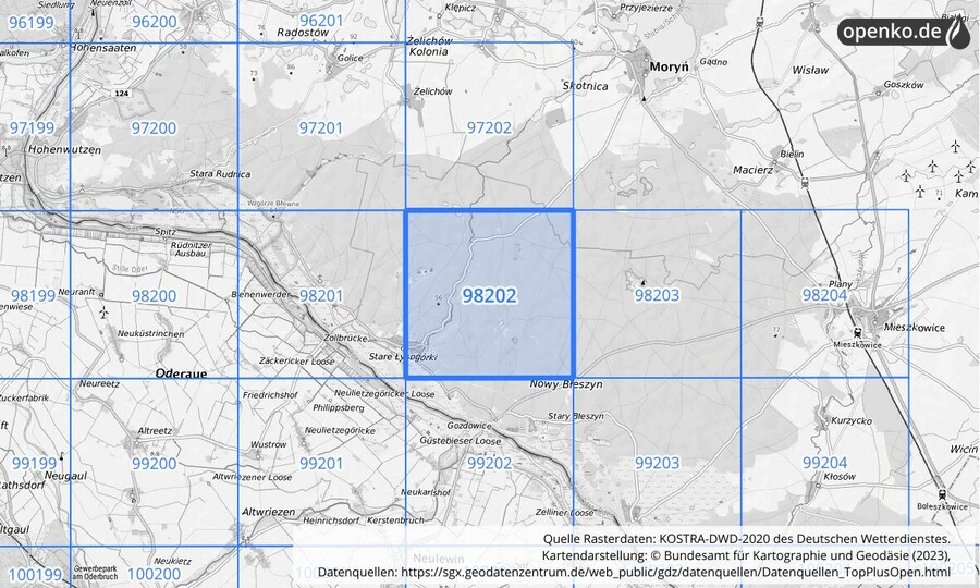 Übersichtskarte des KOSTRA-DWD-2020-Rasterfeldes Nr. 98202